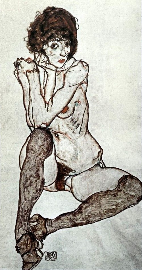 Akt w brązowych pończochach, Egon Schiele