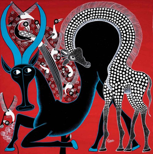 Wild animals and birds on red I, Rashidi Rubuni