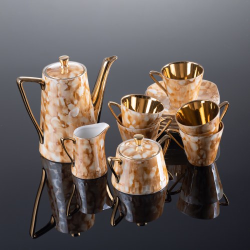 proj. Edmund Ruszczyński, Jan Kwinta, Serwis do kawy "Millenium / Helena" dla 5 osób, wersja eksportowa, lata 60/70. XX w., Porcelana „Krzysztof” (dawniej Krister), Wałbrzych