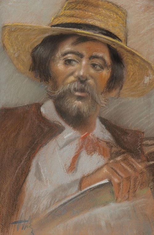 POLESKI KOSIARZ Z SŁOMKOWYM KAPELUSZU, ok. 1930, Aleksander Jakimczuk