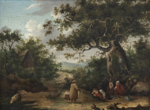 XVII WIEK, Pejzaż z wędrowcami i postaciami odpoczywającymi pod drzewem, Flemish Artist