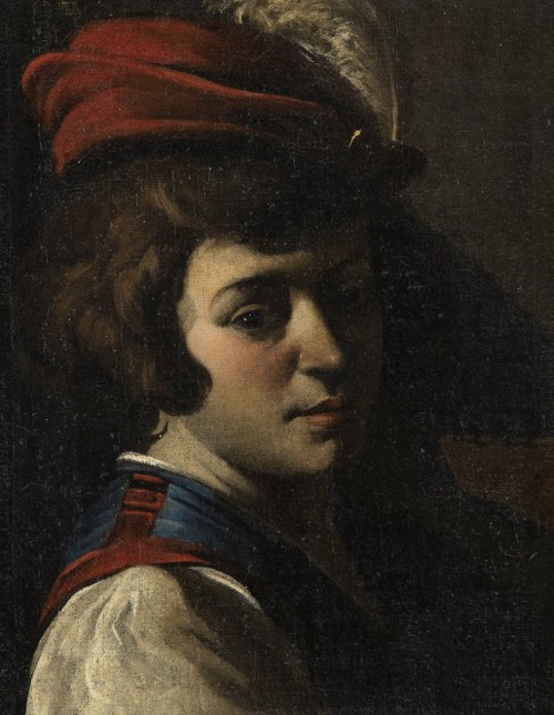 FIRST HALF OF 19th CENTURY, Portret młodego chłopca w kapeluszu z piórami, Caravagesque Artist Active In Roma