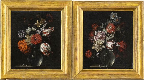 XVII WIEK, a) Martwa natura z chryzantemami, narcyzami i tulipanami; b) Martwa natura z różami, tulipanem i konwalią. Para obrazów, Szkoła Romańska