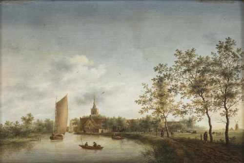 XVII WIEK, holenderski pejzaż z łodziami rzecznymi i wędrowcami, Artysta Holenderski