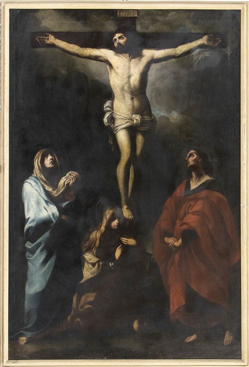 XVII WIEK, Ukrzyżowanie z Dziewicą, św. Janem Ewangelistą i Marią Magdaleną, Krąg Guido Reni
