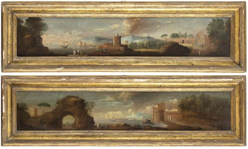 POŁOWA XVIII WIEKU, a) Pejzaż morski z twierdzą, postaciami i łodziami; b) Pejzaż morski z ufortyfikowaną wioską, łukiem skalnym, postaciami i łodziami. Para obrazów, Artysta Działający W Rzymie