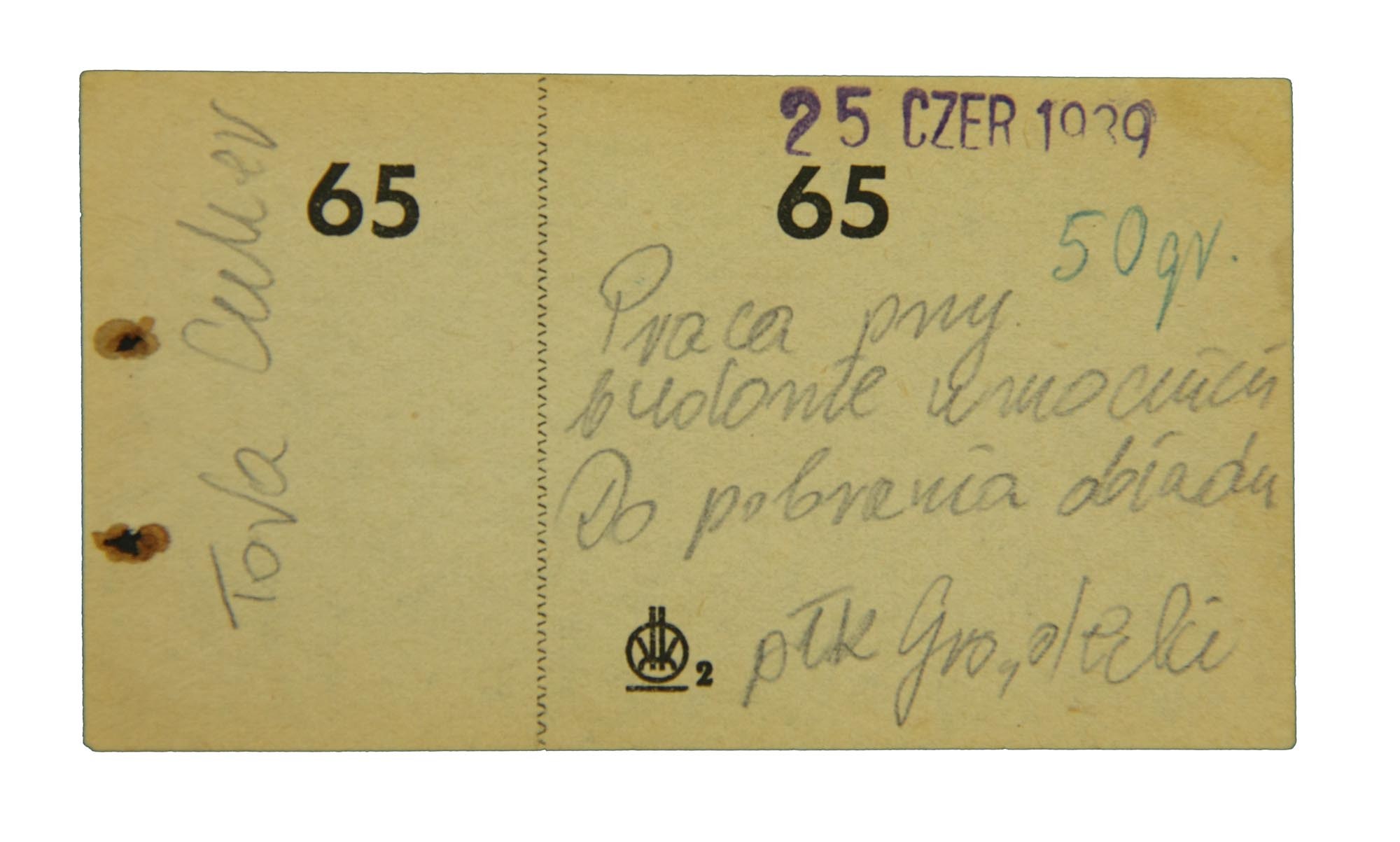 Tovy Bon obiadowy z 25 czerwca 1939 r za pracę przy budowie umocnień dla ...