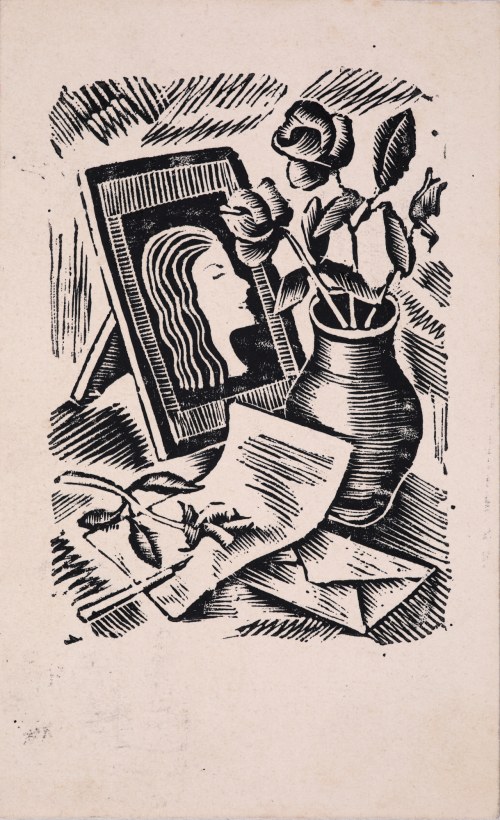 Martwa natura z wazonem, ramką i listem, przed 1948, Krystyna Wróblewska