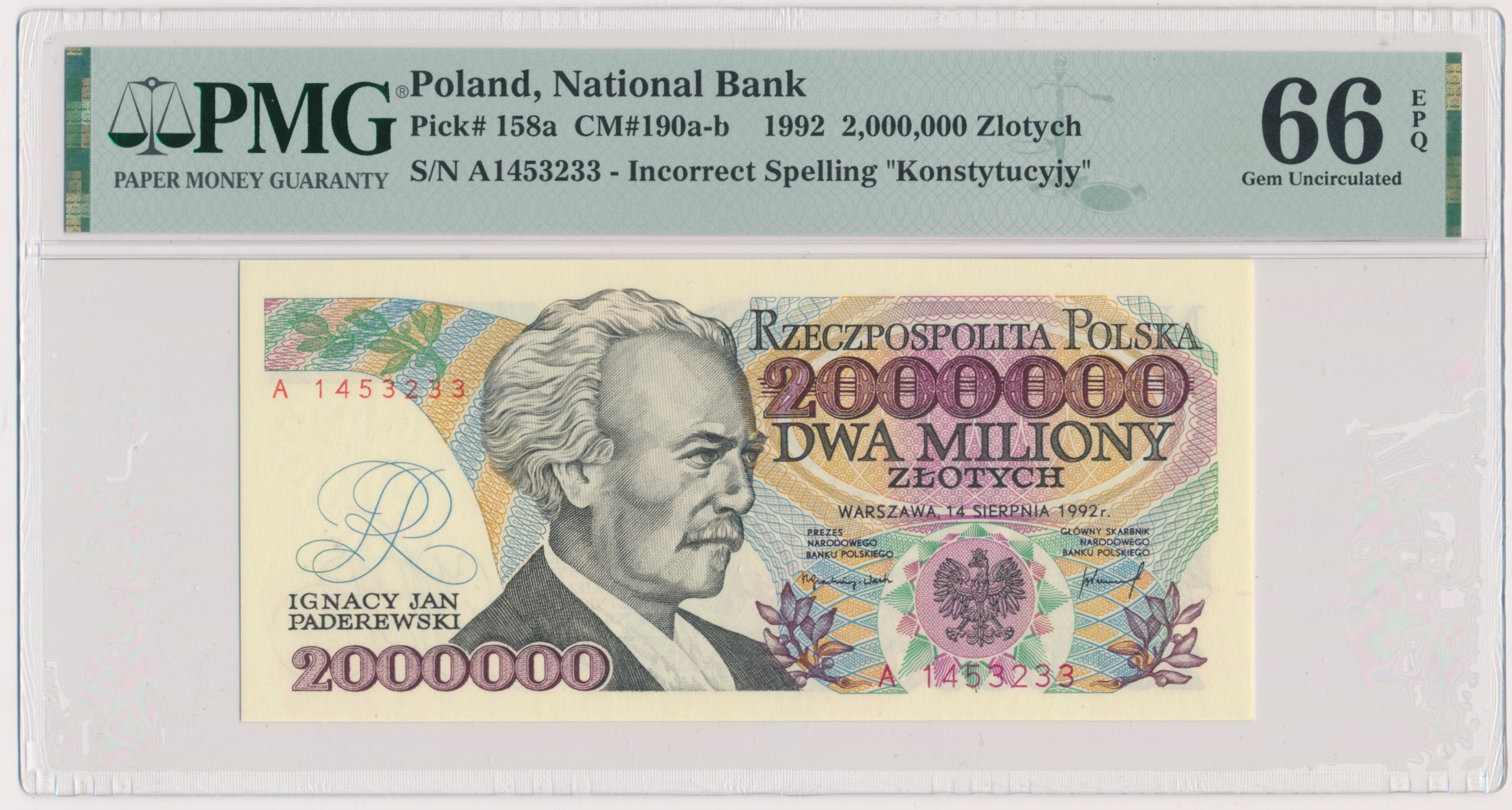 2 miliony złotych 1992 - A - Konstytucyjy - PMG 66 EPQ - Aukcja