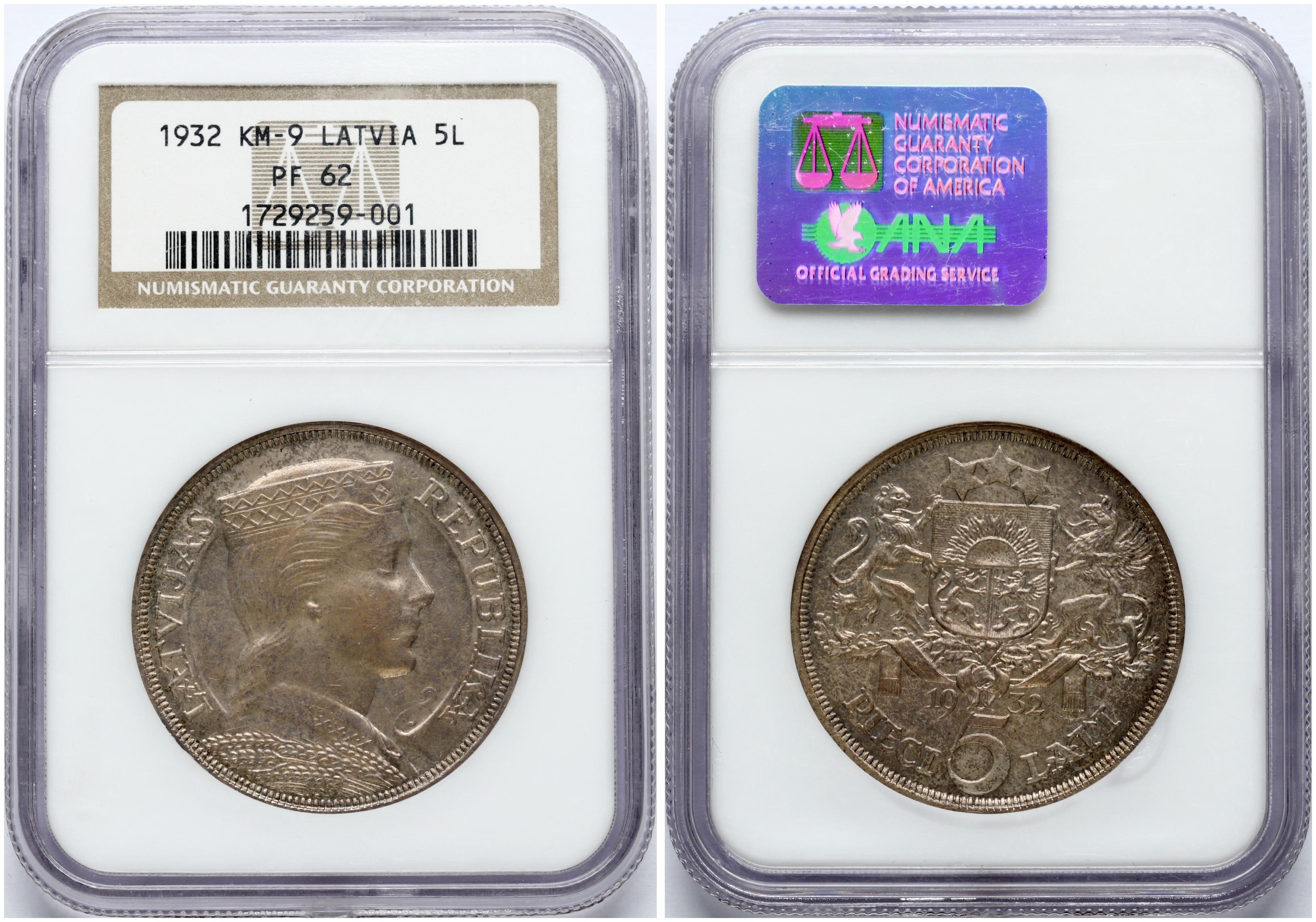 Latvia 5 Lati 1932 NGC PF 62 ONLY ONE COIN IN HIGHER GRADE