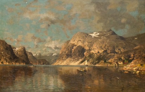 norweski krajobraz fiordu z łodziami, Adelsteen Normann