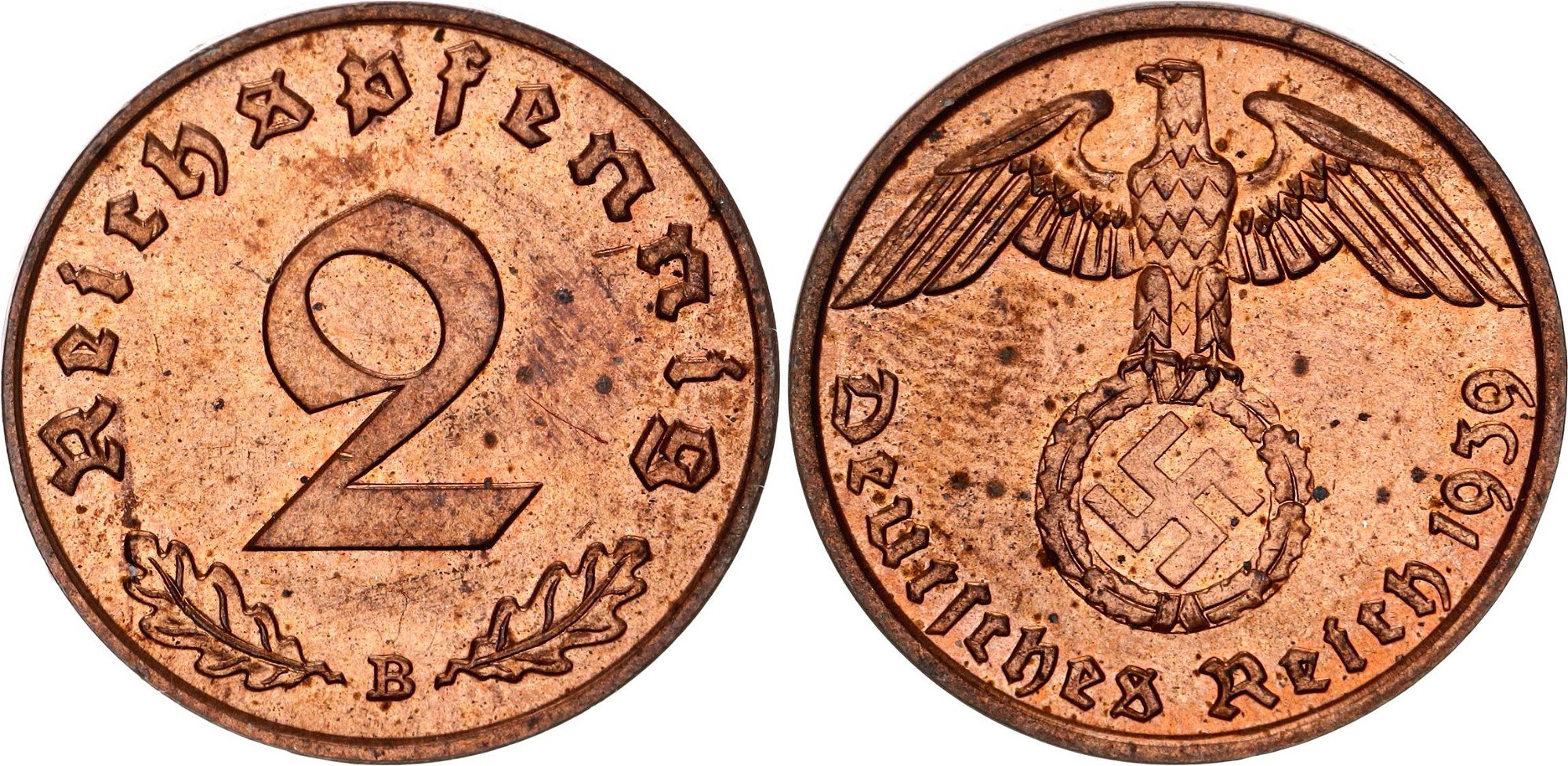 1 Reichspfennig 1939. 2 Рейхспфеннига 1939. 2 Пфеннига 1937. 1 Рейхспфенинг.