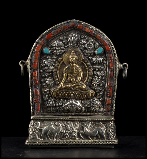 20th century, A Hardstone-Inlaid Metal Gau Tibet