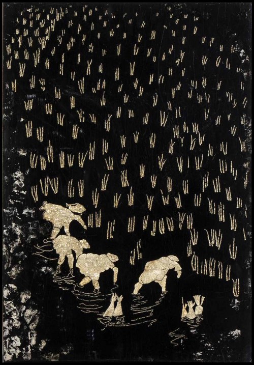 20th century, A Lacquered And Egg-Shell Inlaid Wood Panel Vietnam
