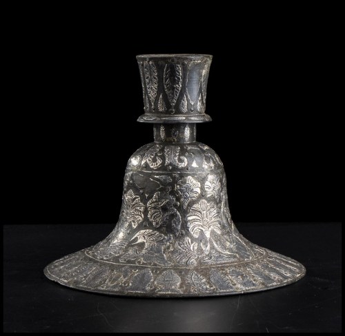 19th century, A Silver Inlaid Metal Candlestick Islamic Area