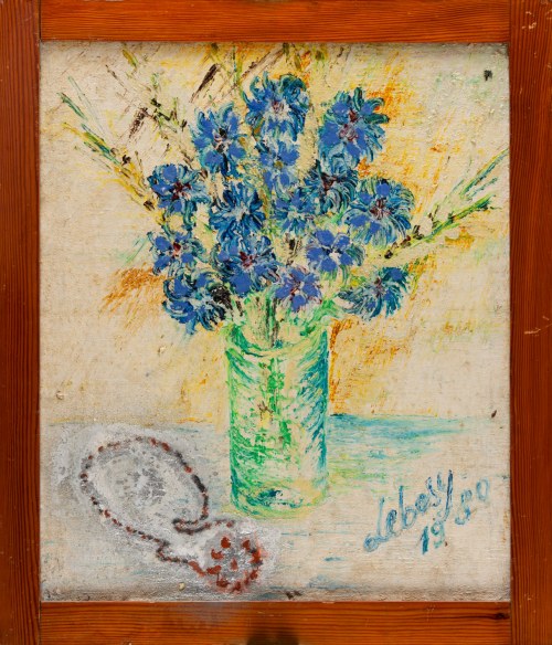 Martwa natura z chabrami / Pejzaż z zachodem słońca, 1980 r. (praca dwustronna), Benon Syroka
