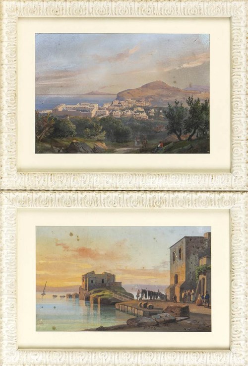 1799 - 1874), Partia złożona z dwóch pejzaży neapolitańskich: "Capri z Wezuwiuszem" i "Widok portu" z 1862 r., Salvatore Fergola