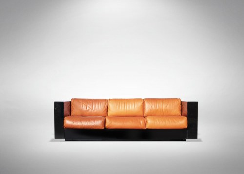 Saratoga armchair/sofa designed by Massimo and Lella Vignelli in lacquered wood and orange leather. Good condition apart from some scratches on the arms, particularly on the left arm, and on the lower edges., Saratoga Armchair