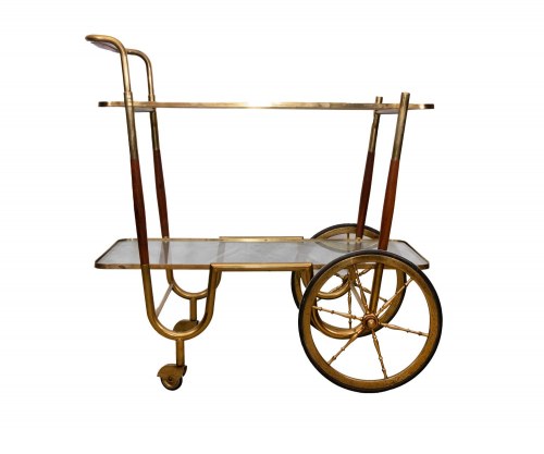 Brass bar cart with glass shelves., Serving Cart