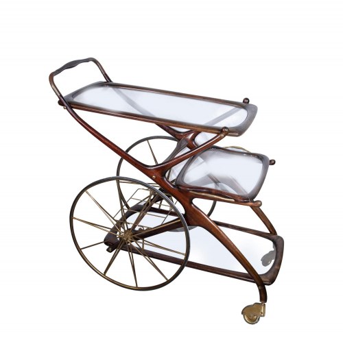 A wooden brass bar cart with shelves glass., Bar Cart