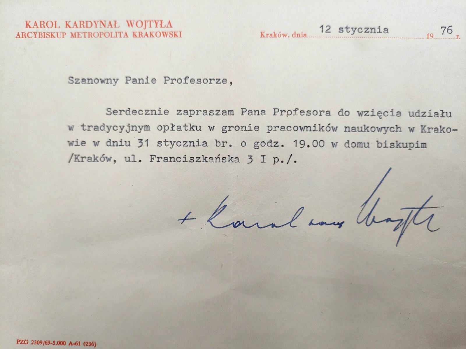 [Karol Wojtyla] Cardinal Karol Wojtyla's signature under a typed card ...