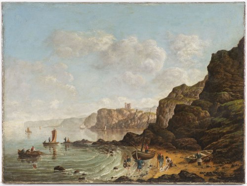 nadmorski krajobraz z rybakami (wybrzeże Yorkshire), Artysta z XIX wieku