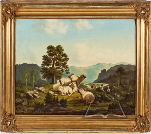 Górzysty krajobraz z owcami i pasterzami., Feght Christian Rudolf