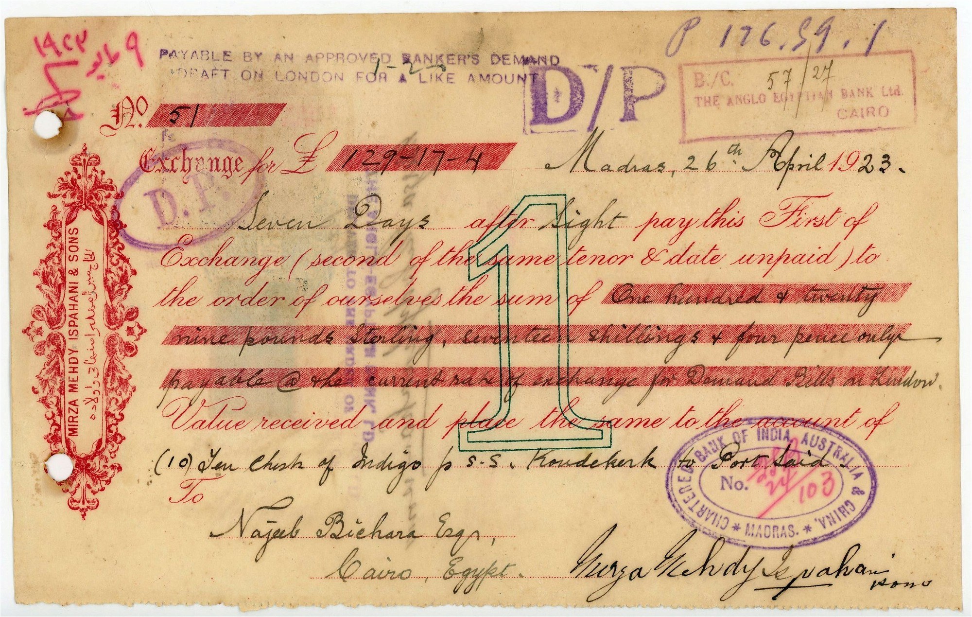 British India "Mirza Ispahany Mehdi & Sons" Madras Bill of Exchange for