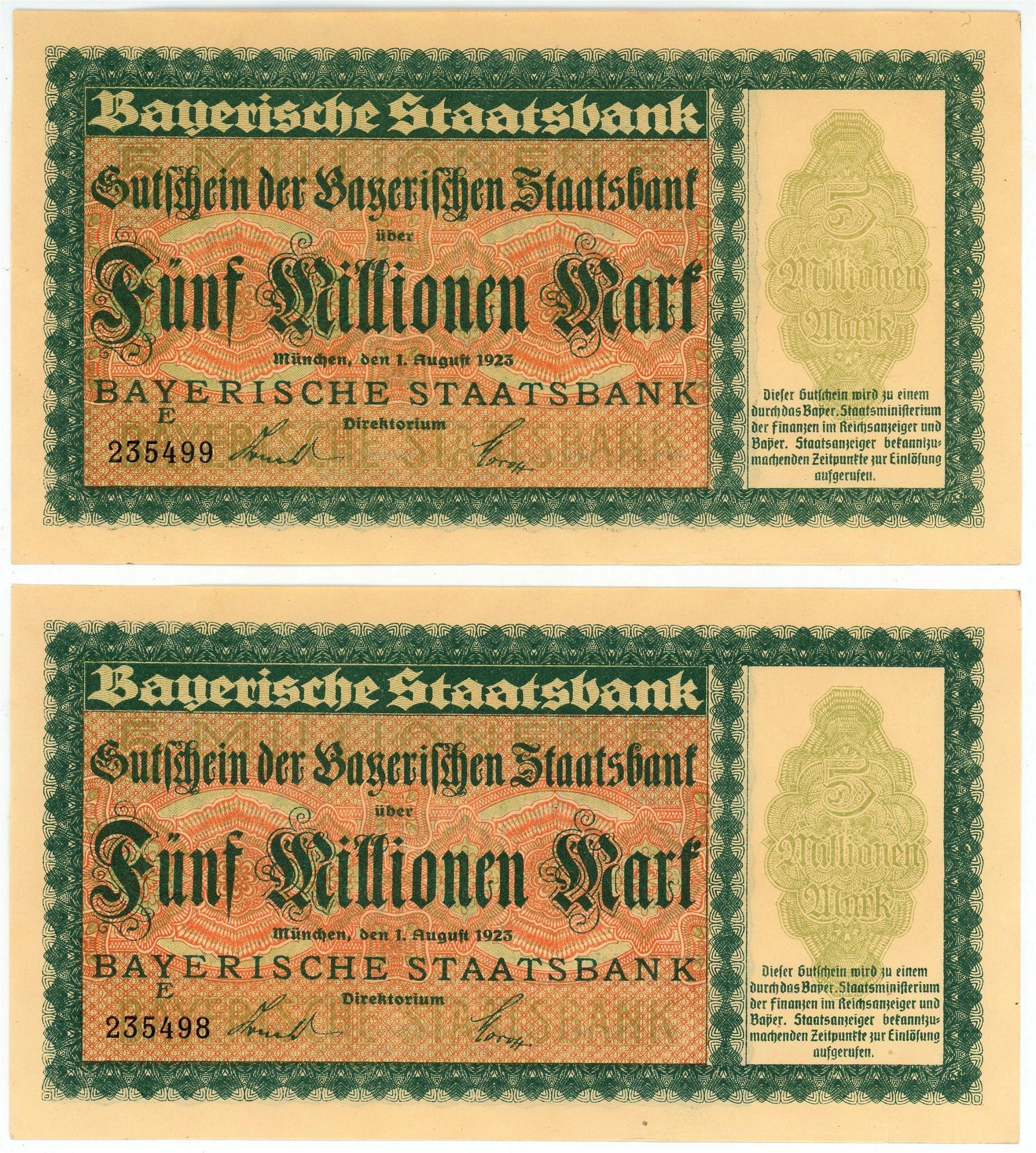 Germany Weimar Republic Bayerische Staatsbank 2 x 5 Millionen Mark