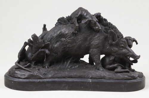 Francja XIX/XX w. (1855 - 1924), Osaczony dzik, o. 1890, Prosper Lecourtier