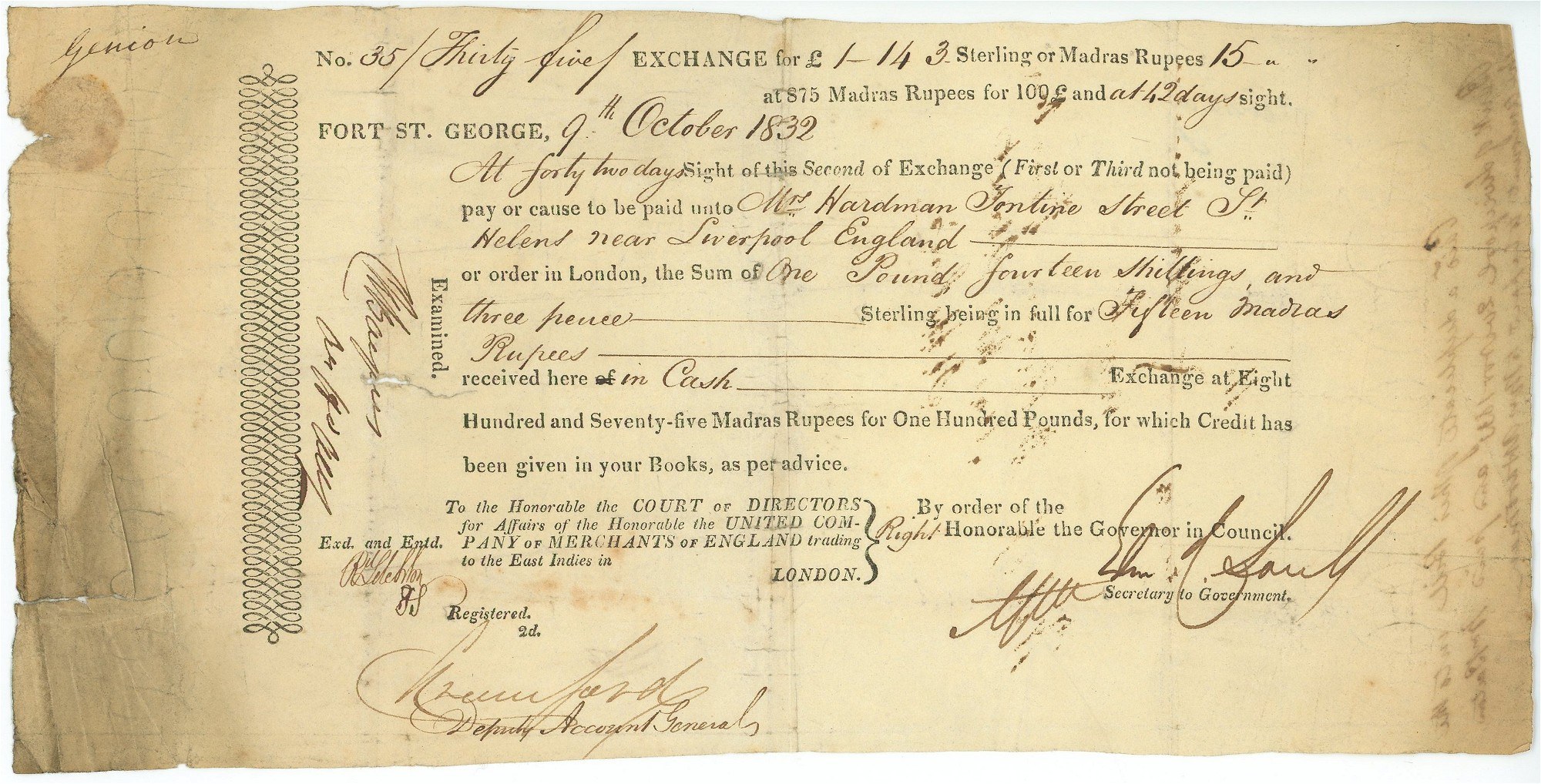 British India East India Company Bill of Exchange for 15 Rupees Madras ...