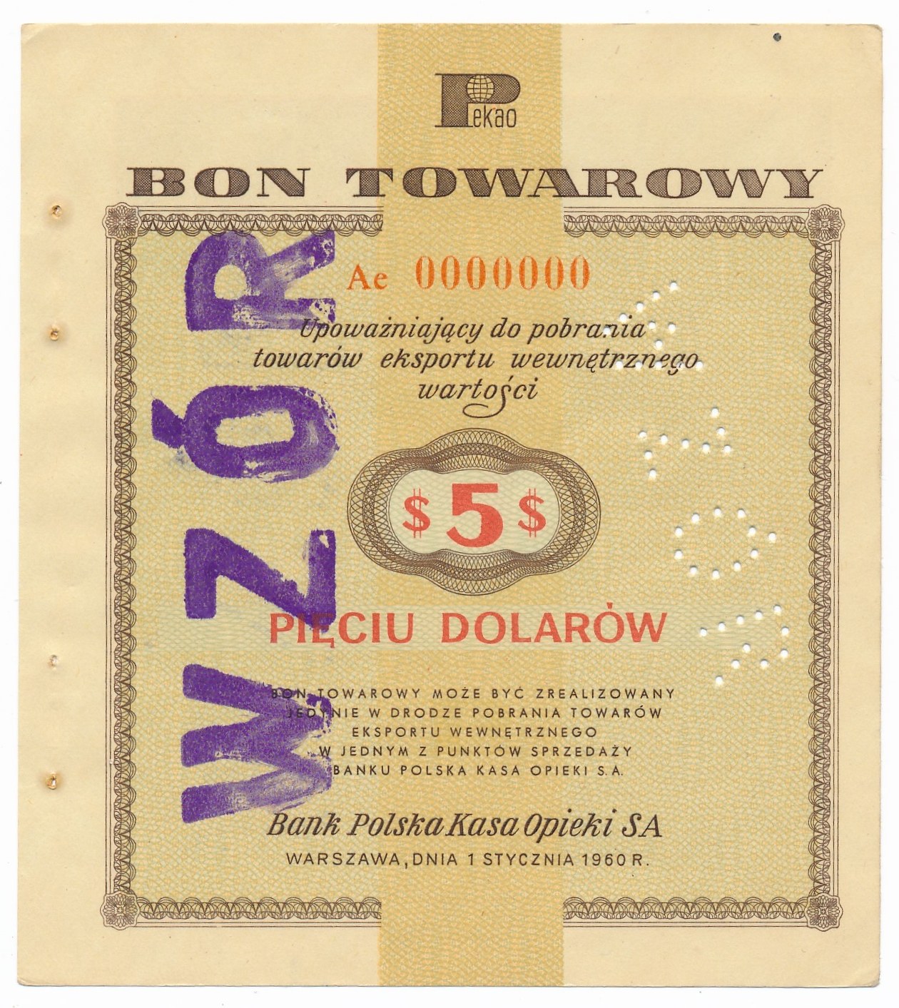 Pewex Bon Towarowy 5 Dolarów 1960 WZÓR Ae 0000000 - 网上拍卖 / 网上投标 - 价格 ...