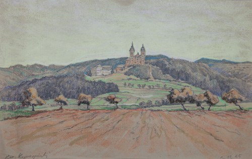 Polska, XX w. (1908 - 1992), Pejzaż z klasztorem, 1955 r., Kazimierz Kopczyński