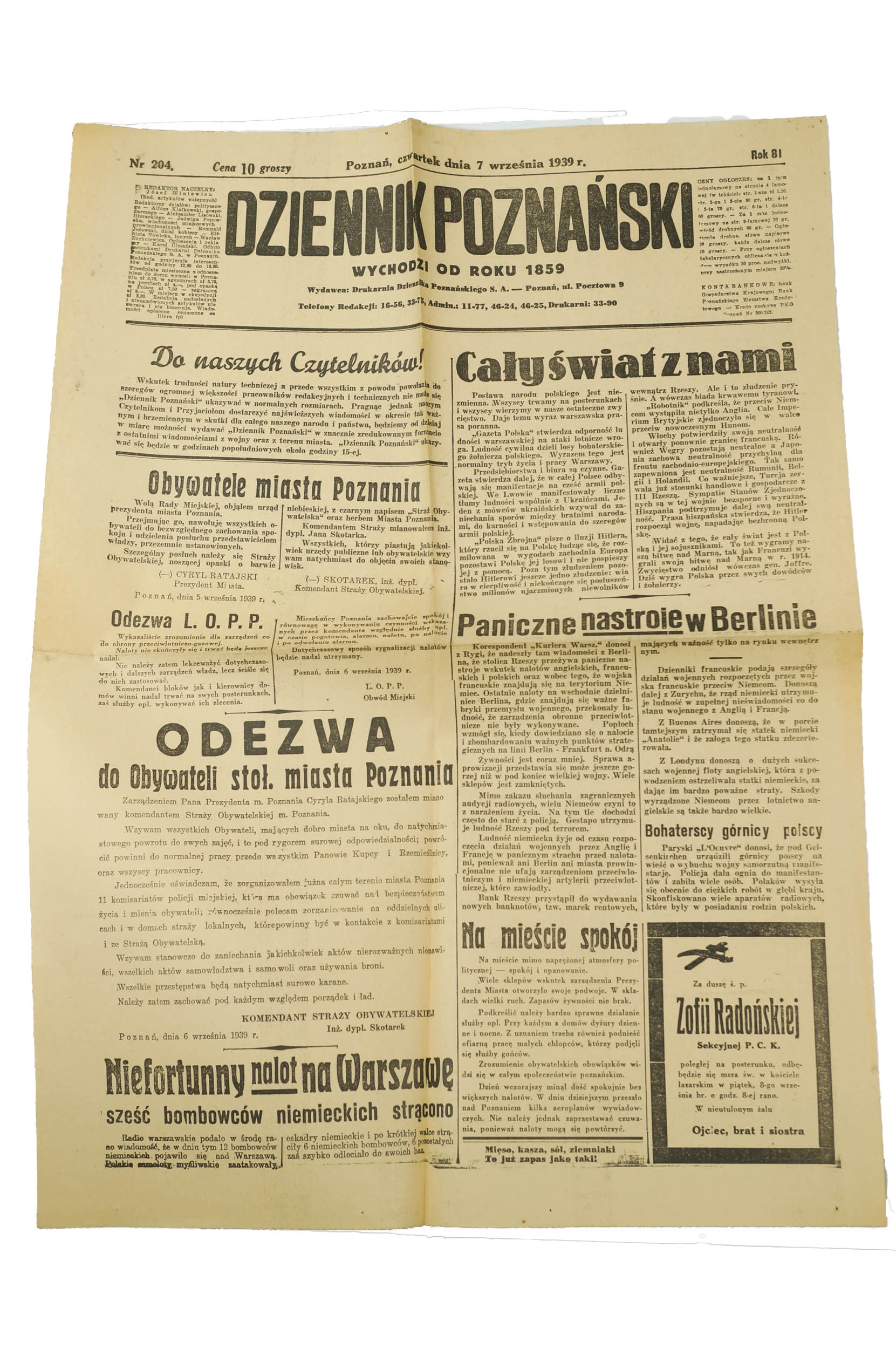 World War II] The whole world with us / Panic mood in Berlin DZIENNIK  POZNAŃSKI of September 7, 1939. - Online auction / Online bidding - Price -  OneBid