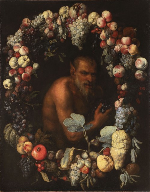 1. połowa XVII wieku, Roman Caravaggist, 1. połowa XVII wieku, Wianek z owoców z satyrem, Roman Caravaggist