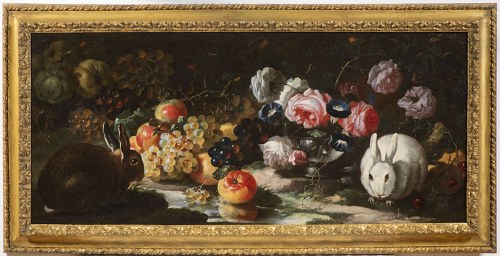 zwany Spadino (1659-1730), Giovanni Paolo Castelli, zwany Spadino (1659-1730). Martwa natura z owocami, kwiatami i królikiem., Giovanni Paolo Castelli