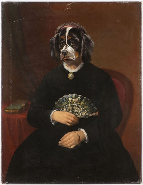 XIX-wieczny malarz angielski PORTRET PSA Z WENTYLATOREM, XIX-wieczny malarz angielski