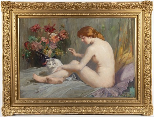 Akt kobiecy z kotem na łóżku, Joseph Brunner