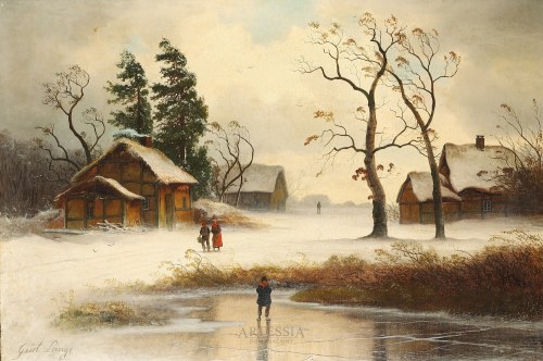 Pejzaż zimowy z domami i sztafażem, Gustav Lange