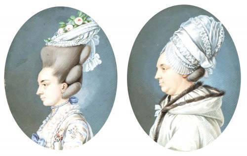 a) Portret profilowy szlachcianki w czepku; b) Portret profilowy młodej szlachcianki z kolczykami i naszyjnikiem. Para miniatur, Carl Friedrich Holtzmann