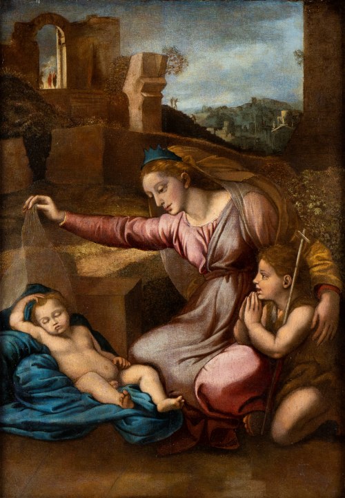 Madonna ze Śpiącym Dzieciątkiem i Dzieciątkiem św. Jana (Madonna del Velo lub Madonna del Diadema Blu), Raffaello Sanzio