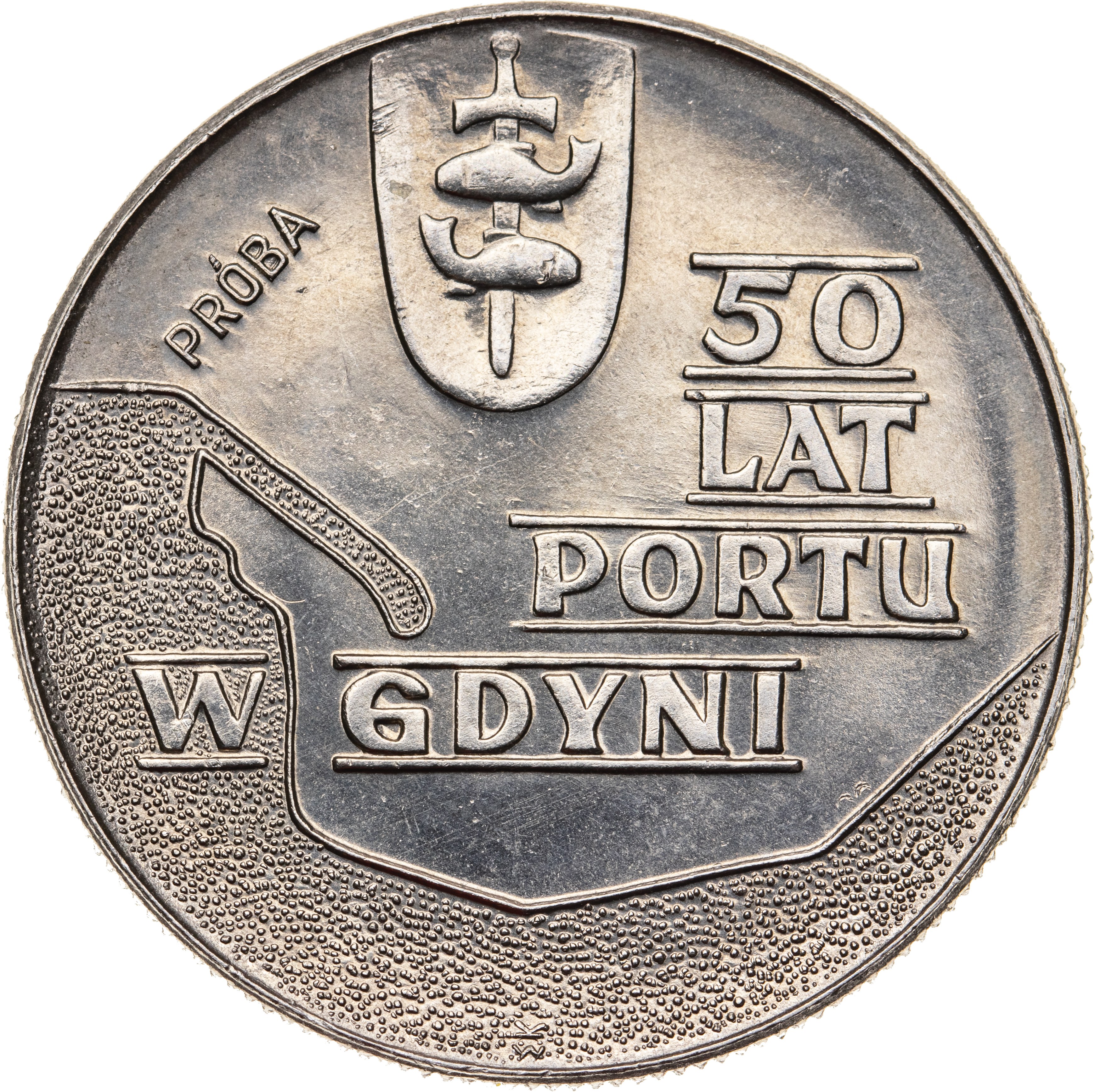 10 zł 1972, 50 LAT PORTU W GDYNI, TŁO Z FAKTURĄ, PRÓBA NIKIEL