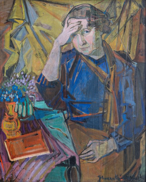 Portret kobiety przy stole, Przełom l. 40/50., Janina Muszanka-Łakomska
