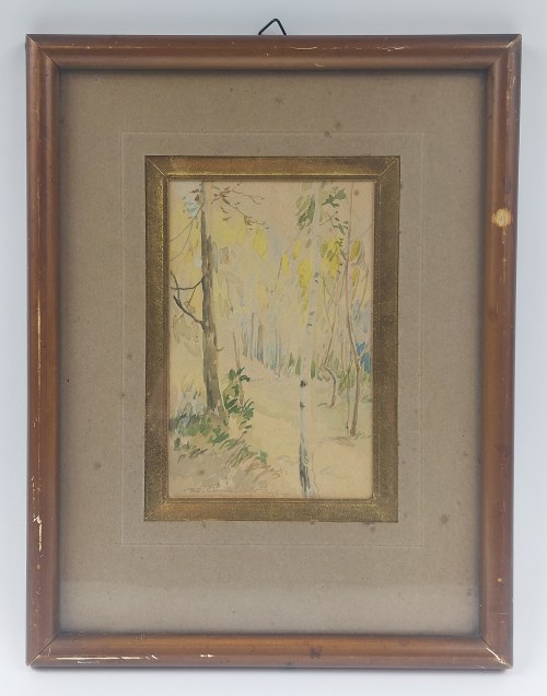 Pejzaż leśny z brzozami, akwarela, 1945 r., Wacław Chodkowski