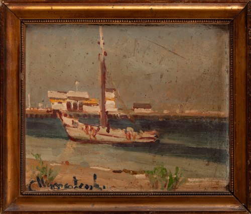 Żagłówka w porcie, 1933, Stefan Monasterski