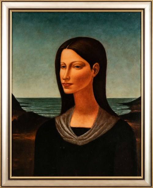 Portret kobiety na tle morza, 1995, Roman Zakrzewski