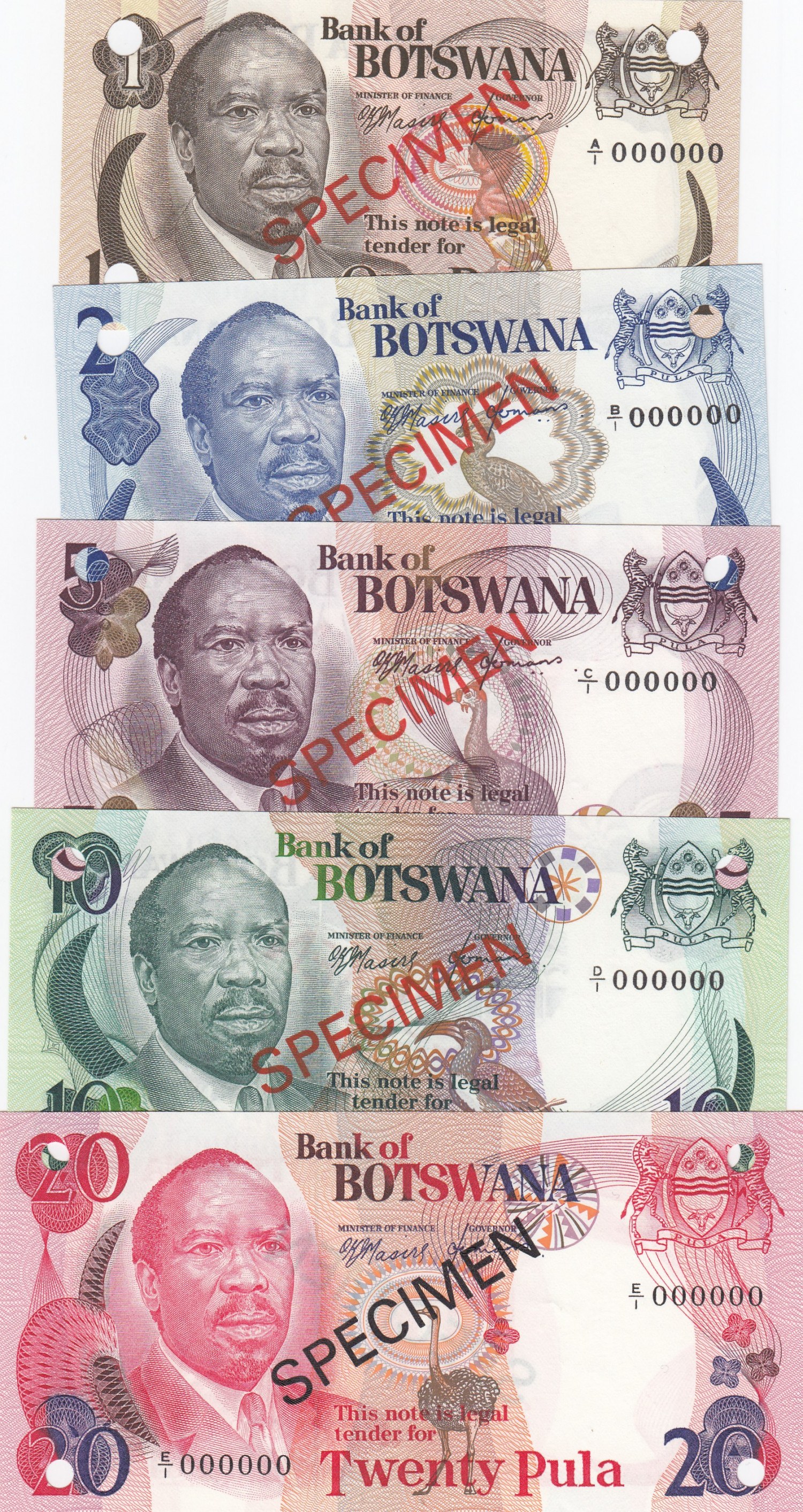 BOTSWANA・SPECIMEN・1・2・5・10・20プーラ【1979年】 Botswana 1979 Five Note Specimen Set 1 Pula to 20 Pulas