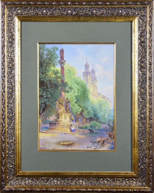 Pejzaż z Kolumną Maryjną i cysterskim zespołem klasztornym w Lubiążu, 1884, Theodor Blatterbauer