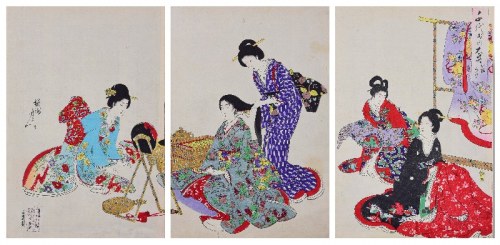 Układanie włosów, z cyklu: „Chiyoda no o-oku” - tryptyk, Toyohara Chikanobu