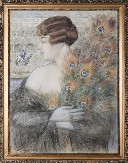 "Portret kobiety z pawimi piórami", Jan Mazurkiewicz